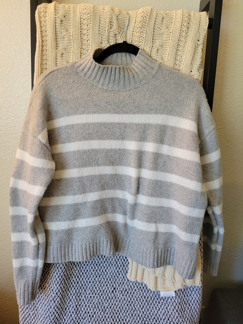 Jessica Simpson Gray and White Striped Cowl-Neck Sweater